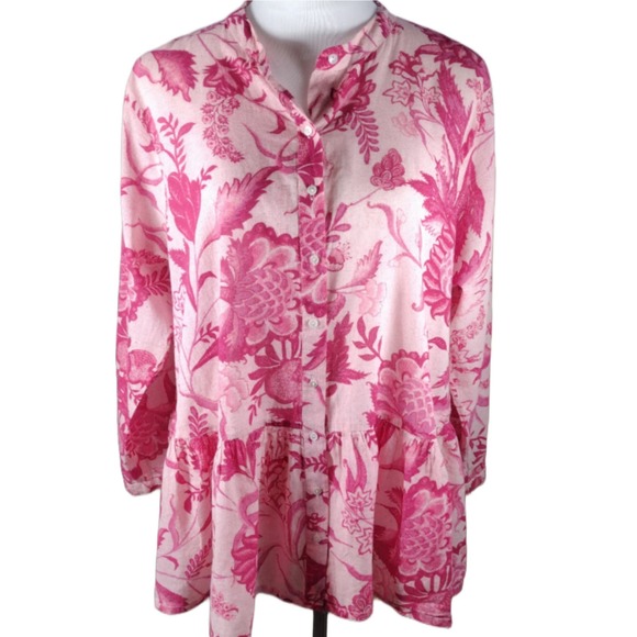 💸$10 Rosegarden Women's XL Floral Pink Peplum Style Button Up Blouse - Picture 2 of 4